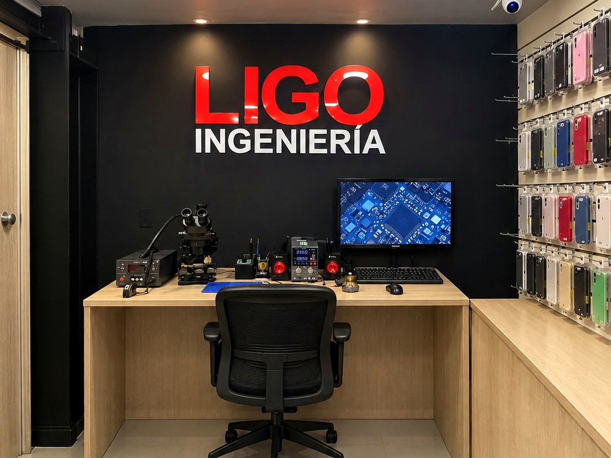 Interior de la sede Ciudad Pacífica con el letrero de LIGO Ingeniería y el puesto de microsoldadura